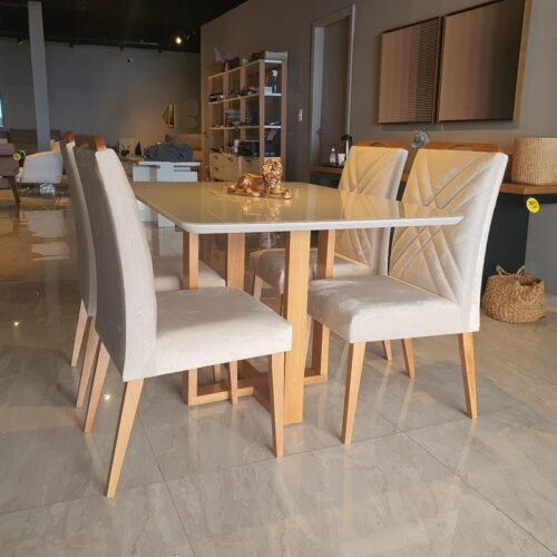 Mesa sala de jantara 4 cadeiras base madeira tampo MDF/vidro
