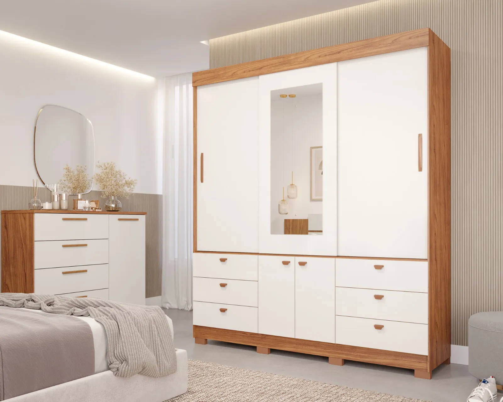 ROUPEIRO ALICE CASAL 3 PORTAS C/ ESPELHO 6 GAVETAS 100% MDF PANAN