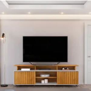 Rack Bancada p/ TV até 70 Polegadas Olimpic Ripado c/ Nichos e Rodizios 180x60cm Freijó/Off White - DJ Móveis