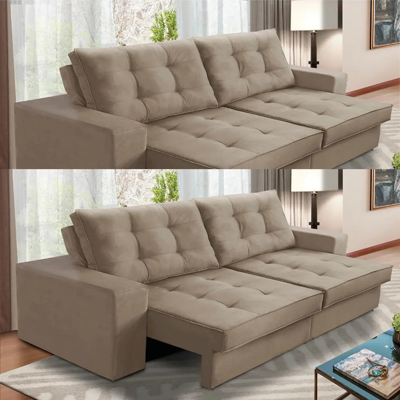 Sofá Ret Reclinável 2 Lug1,90m Molas Marcela Suede Capucino - Imagem 3
