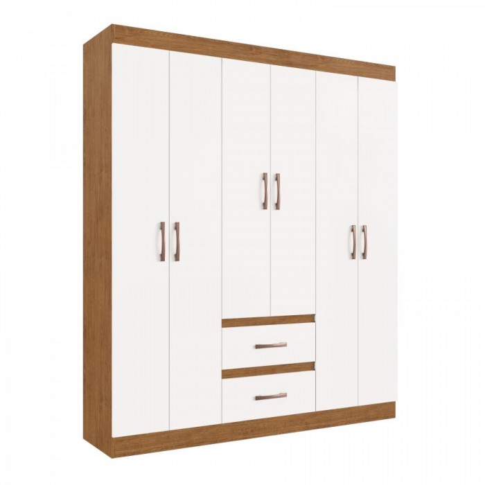 Guarda-Roupa Solteiro Texas 6 Portas 2 Gavetas Off White/Nogueira – Doripel -Pés inclusos