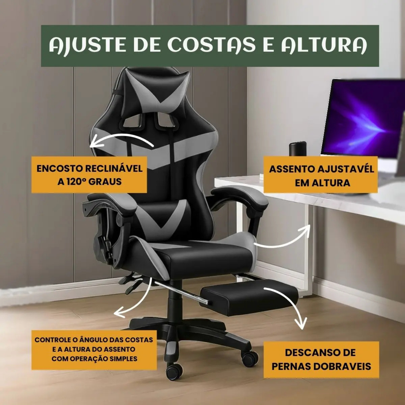 Cadeira De Escritório Gamer Nitro Ergonômica Estofado Couro Sintético Reclinável Altura Ajustável Apoio Para Pés Cor Cinza - Imagem 4