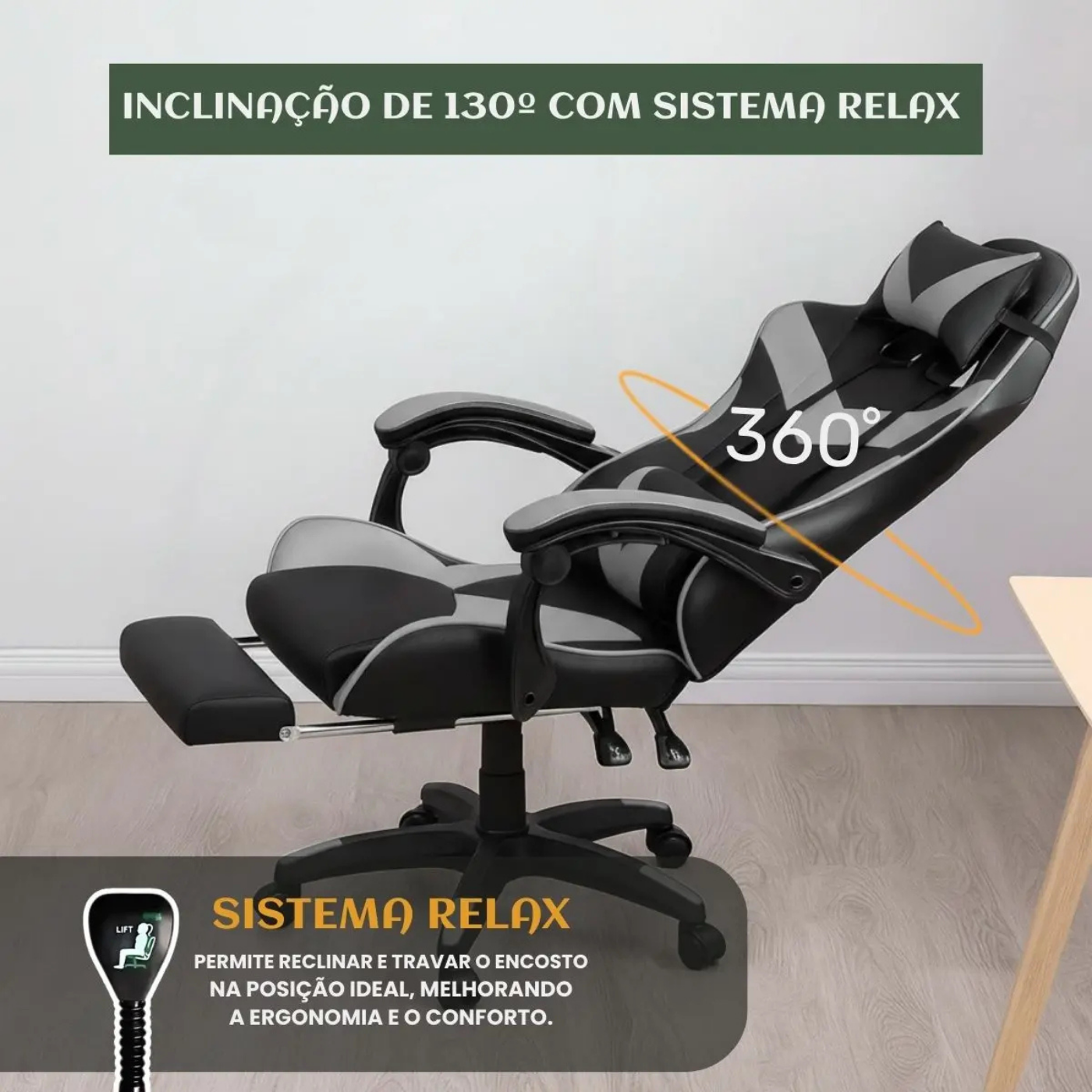 Cadeira De Escritório Gamer Nitro Ergonômica Estofado Couro Sintético Reclinável Altura Ajustável Apoio Para Pés Cor Cinza - Imagem 3
