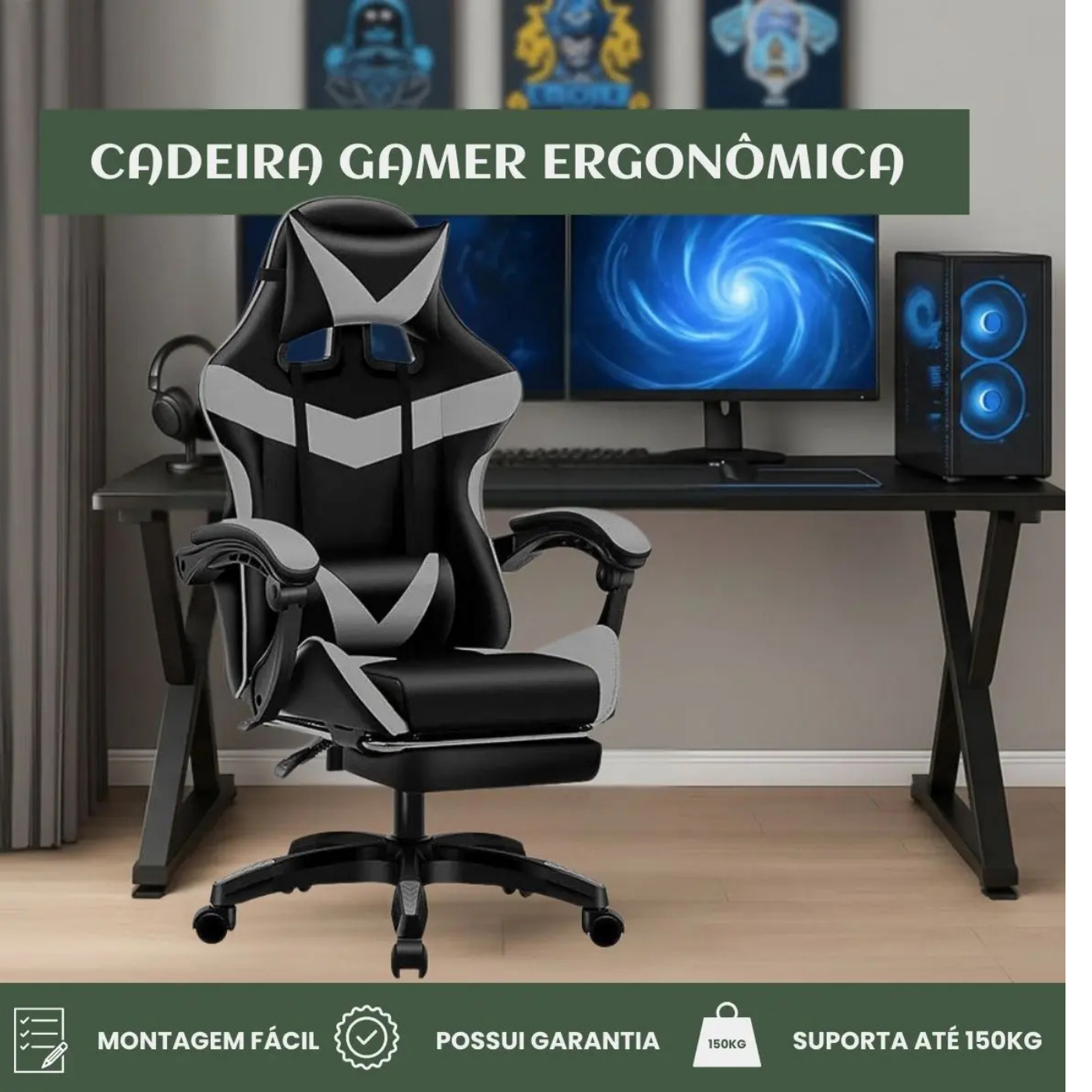Cadeira De Escritório Gamer Nitro Ergonômica Estofado Couro Sintético Reclinável Altura Ajustável Apoio Para Pés Cor Cinza - Imagem 2