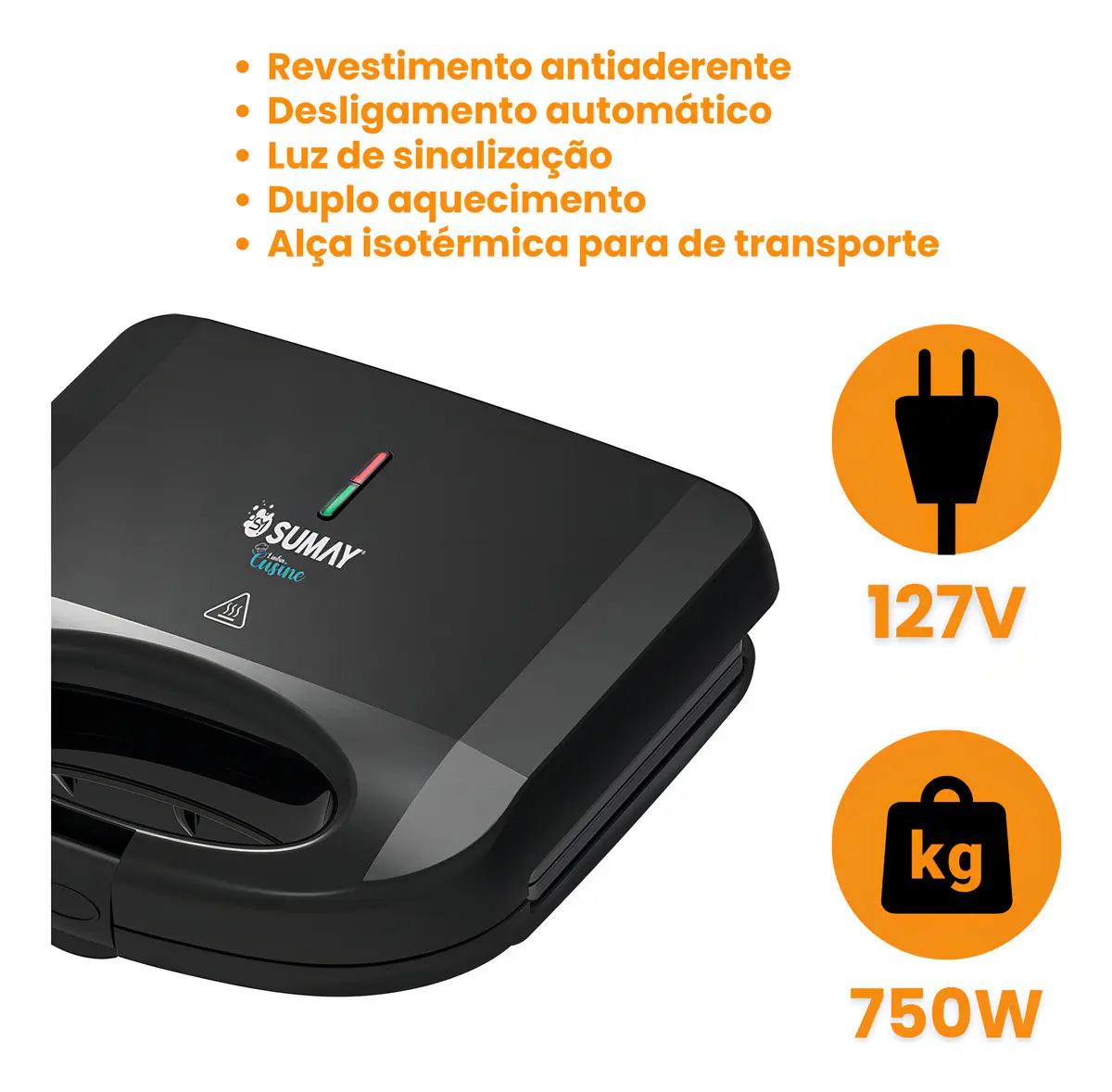 Sanduicheira Grill Elétrica Sumay Antiaderente para 2 Sanduíches Preta - Imagem 5