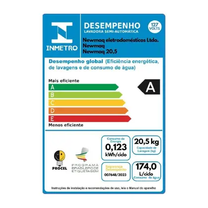 Tanquinho Máquina de Lavar Roupas SemiAutomática 20,5Kg Newmaq Branca 110v - Imagem 4